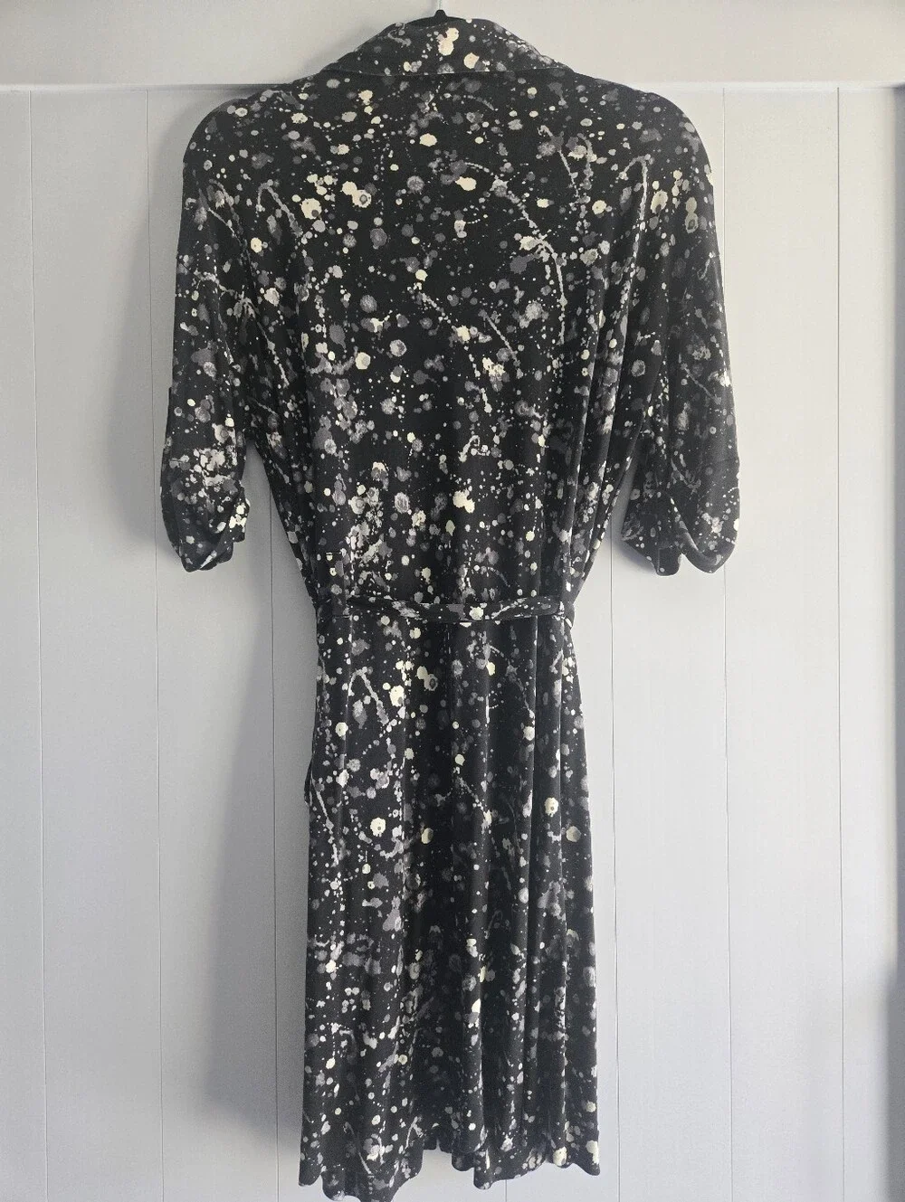 Tory Burch Black and White Splatter-Print Midi Shirt Dress 100% SILK Size Small